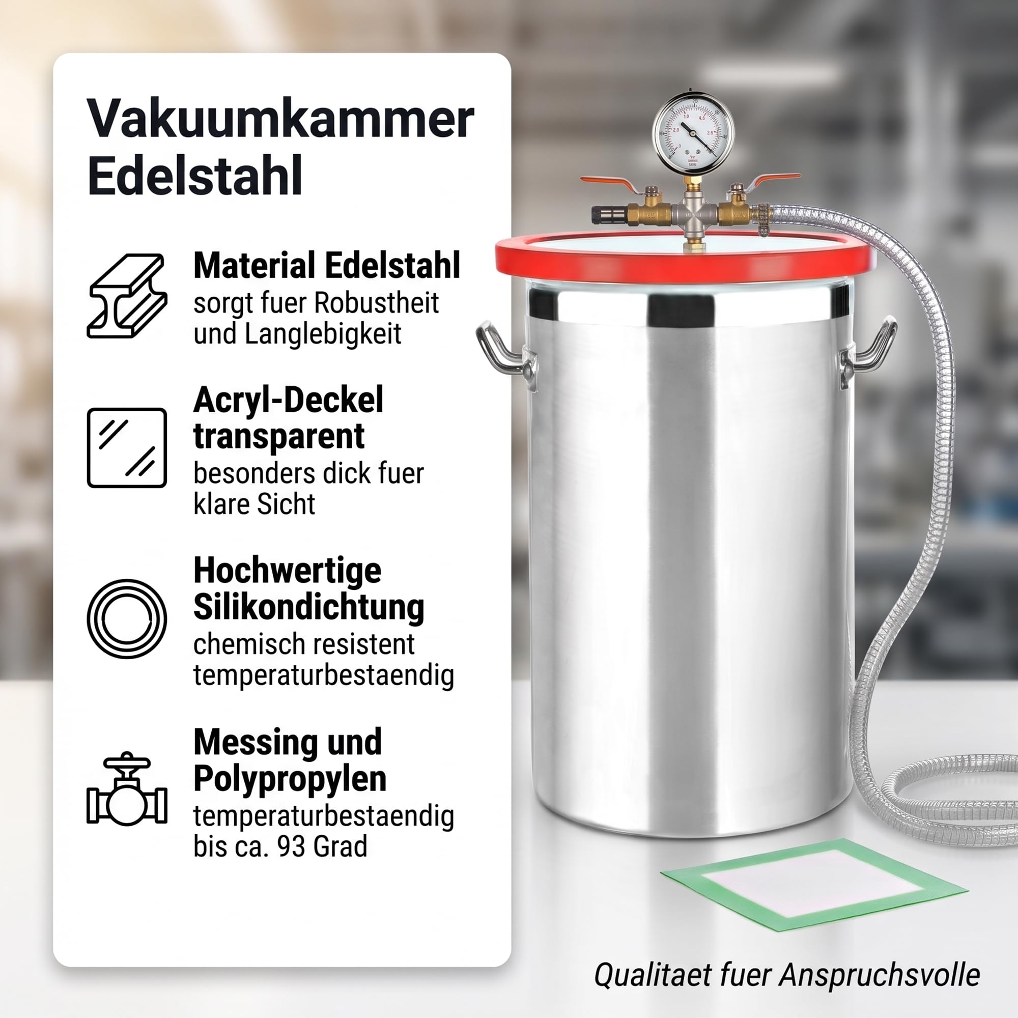 Mucola Vakuumkammer 27,7 Liter Edelstahl 280x450mm – Entgasungskammer mit Acryldeckel und Messing-Kugelventilen | für Harze, Silikone, Epoxid, Schmuckherstellung, Formenbau und Lebensmittel