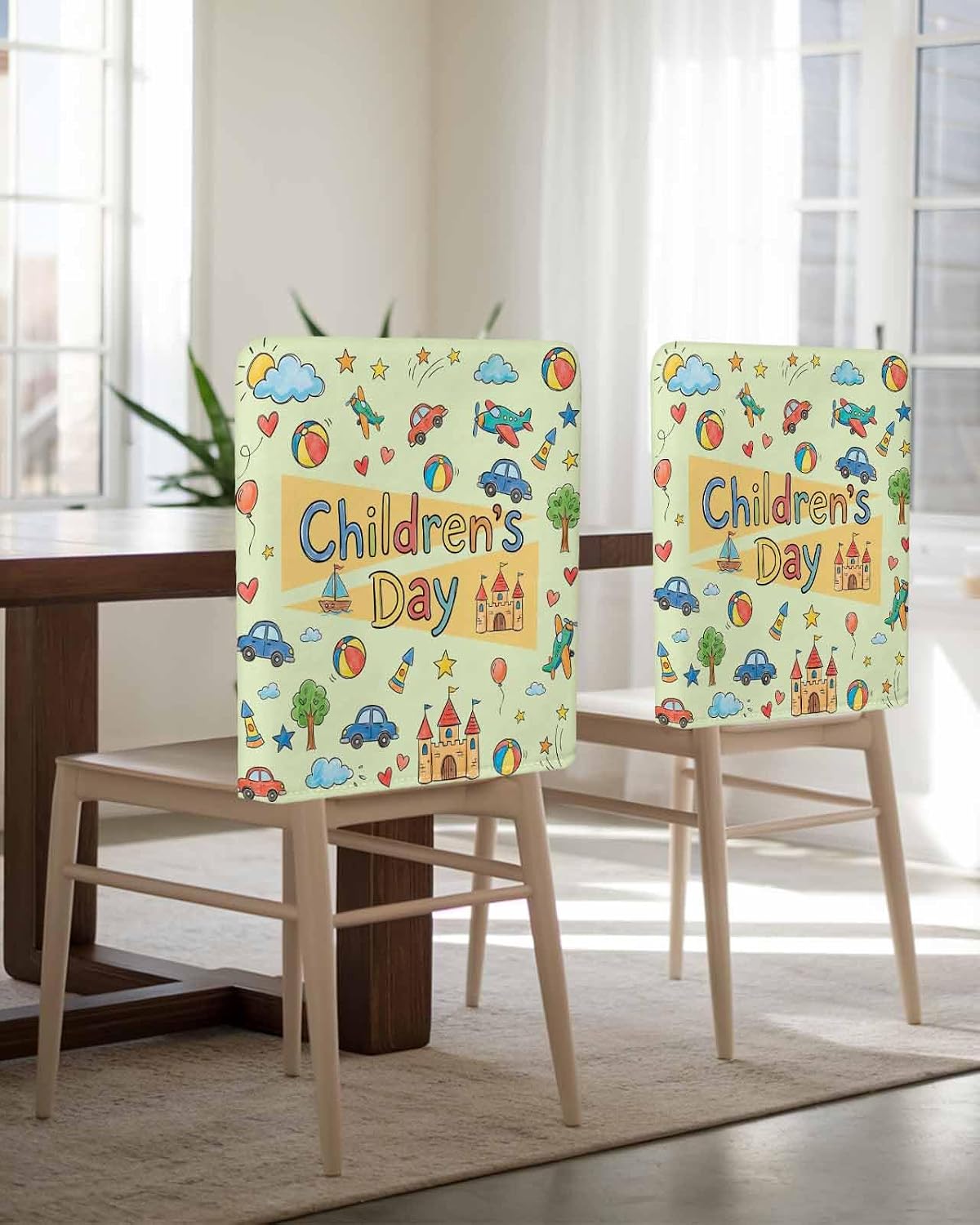Chair Back Covers for Dining Room, Happy Children's Day Linen Polyester Back Chairs Protector, Cartoon Castle Childhood Innocence 4 Pcs Chair Covers for Dining Chairs Decor, 20 x 19 Inches