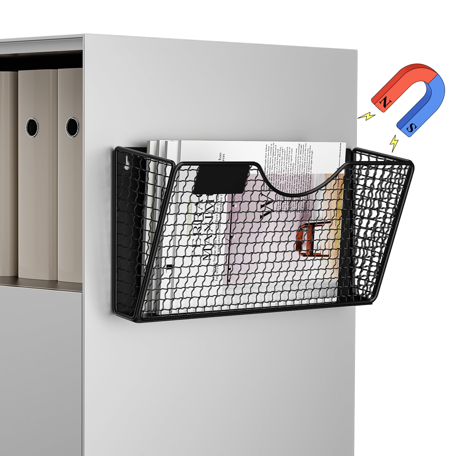 Magnetic File Holder, 1-tier No-Drill Magnetic File Folder Holder, Magnet Paper Mail Organizer, Magazine Basket, Hanging Wall Storage Rack for Fridge Cabinets Office Classroom (Black, 1 PACK(L))