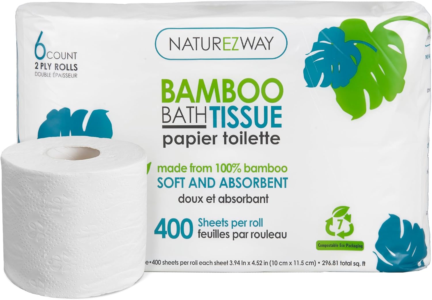 NatureZway Premium Bamboo Toilet Paper (6 Rolls) – 2 Ply, Tree-Free, 100% Bamboo Pulp – Eco-Friendly, Compostable Packaging – Clog-Free, Septic Safe, Ultra-Soft Bath Tissue