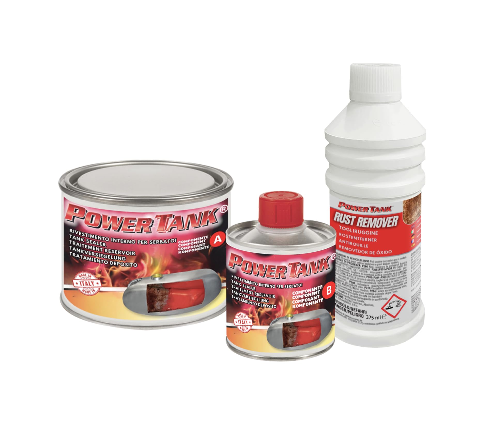 POWER TANK - Tratamiento Tanque Deposito Moto (8/10 Litros) Kit Pequeño Small 350 g para Interior de Tanques Elimina Óxido Repara Protege Tanques Oxidados de Motos Vespa Ciao Ciclomotores de Época