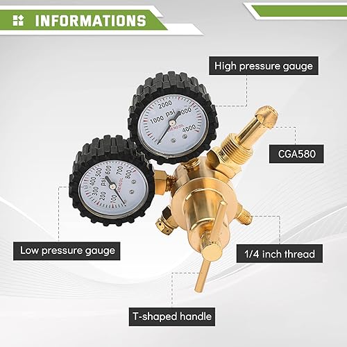 Miniatura 2 de ATPEAM Regulador de nitrógeno con presión de entrega de 0-800 PSI, conexión de entrada CGA580 con conexión de salida de flare macho de 1/4 de pulgada