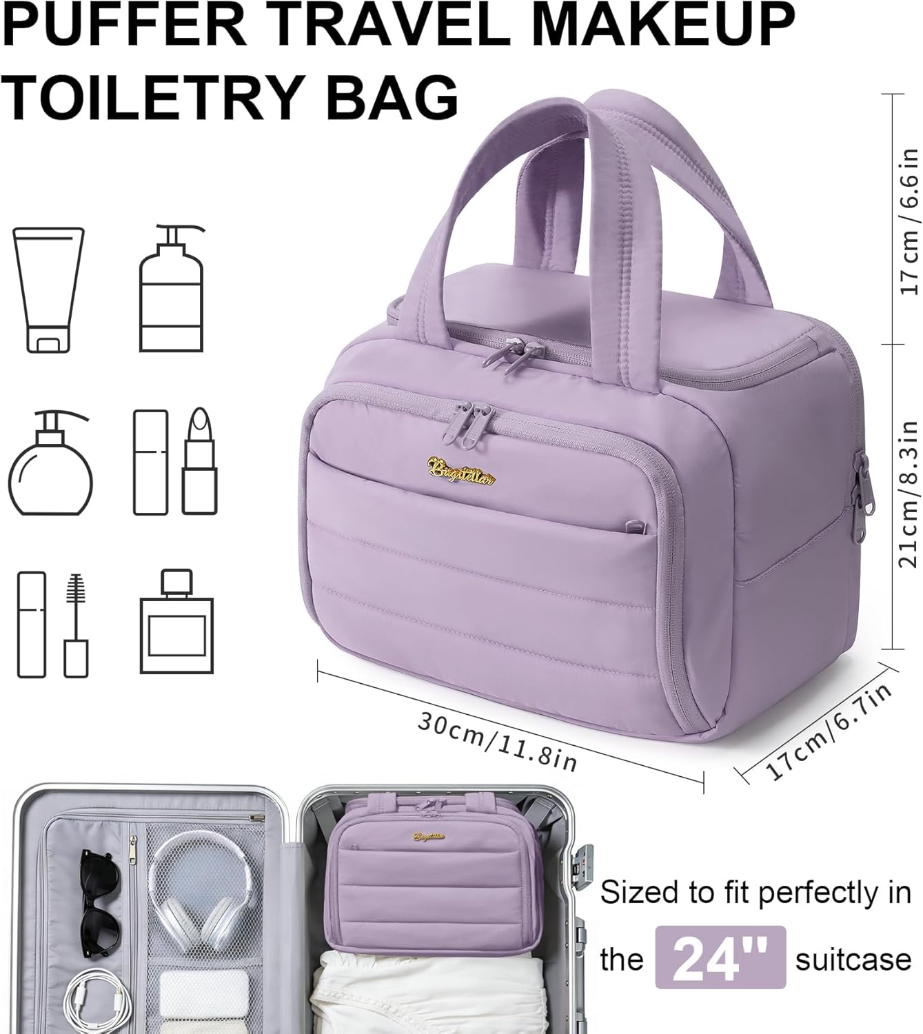 Bagstellar Travel Toiletry Bag for Women, Lightweight Large Quilted Puffy Makeup Bag Wide-open Make up Organizer Cloud Cosmetic Bag w/Handle for Traveling, Toiletries, Essentials Accessories Lavender