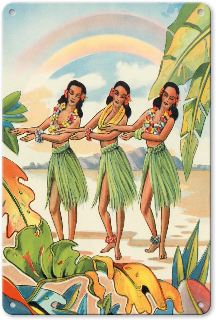 Aloha Nui Loa from Hawaii - Hula Girls - Vintage Hawaiian Airbrush Art by Ted Mundorff c.1930s - 8 x 12 inch Vintage Metal Tin Sign