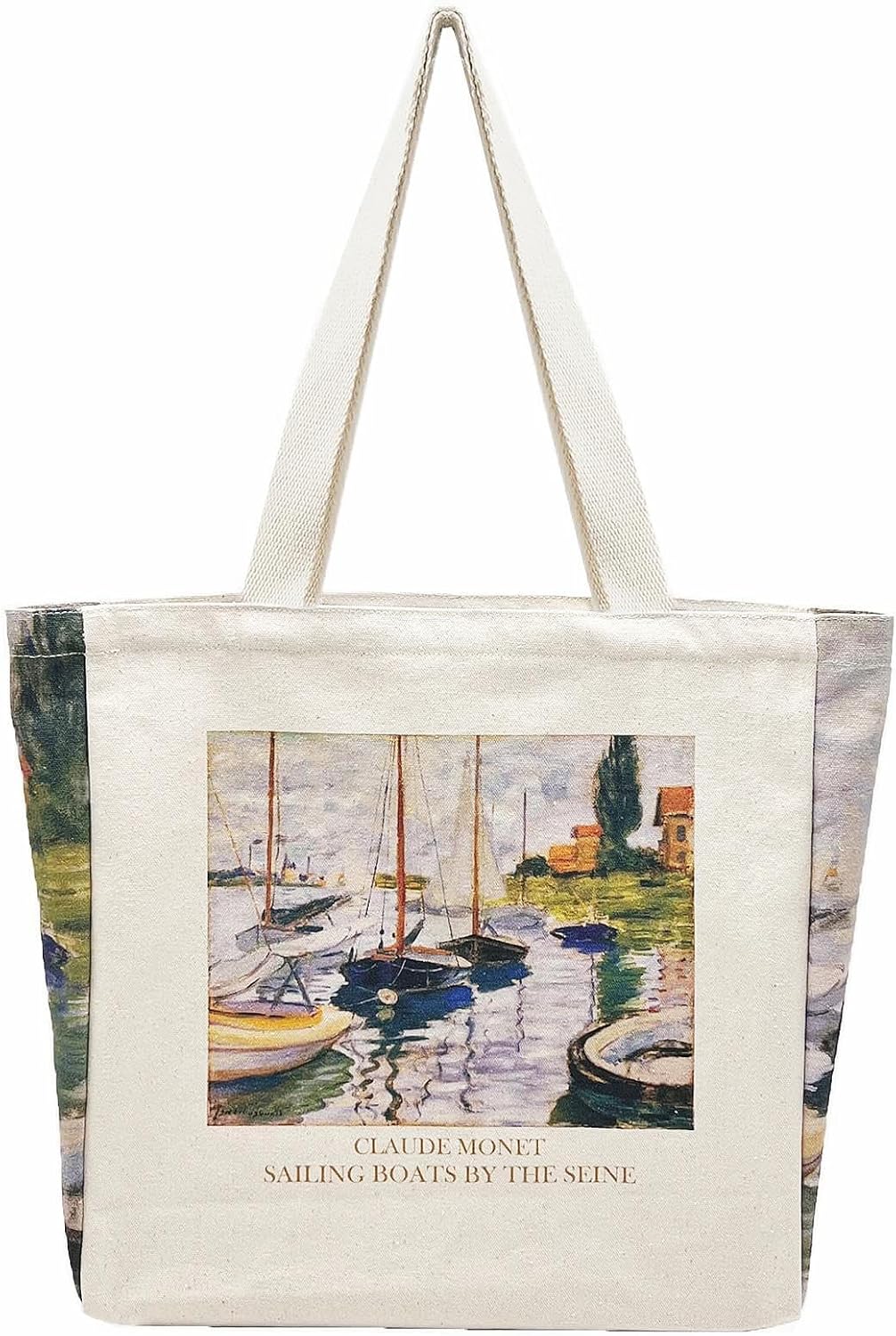 Canvas tote bag with zippers, interior pocket, and aesthetic design