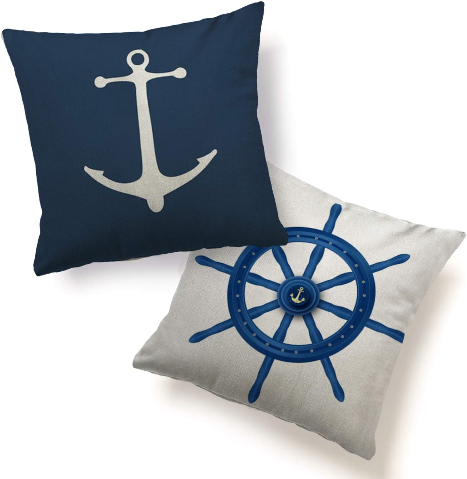 XXXFLOWER Anchor Pillow Cover Cushion Case 2 Pack Nautical Throw Pillows Home Decorative Anchor Helm Navy Throw Pillowcases 18"x18" Square for Sofa Couch Chair Home Décor Blue White