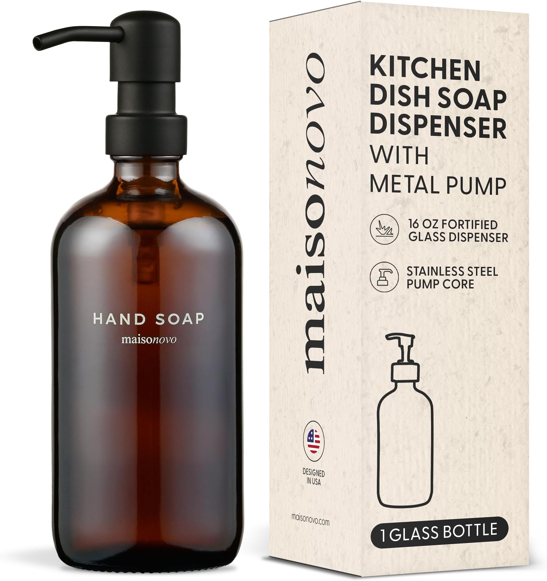 Glass Hand Soap Dispenser Bathroom - 500 ml Amber Bottle with Black Pump x 1, Waterproof Labels
