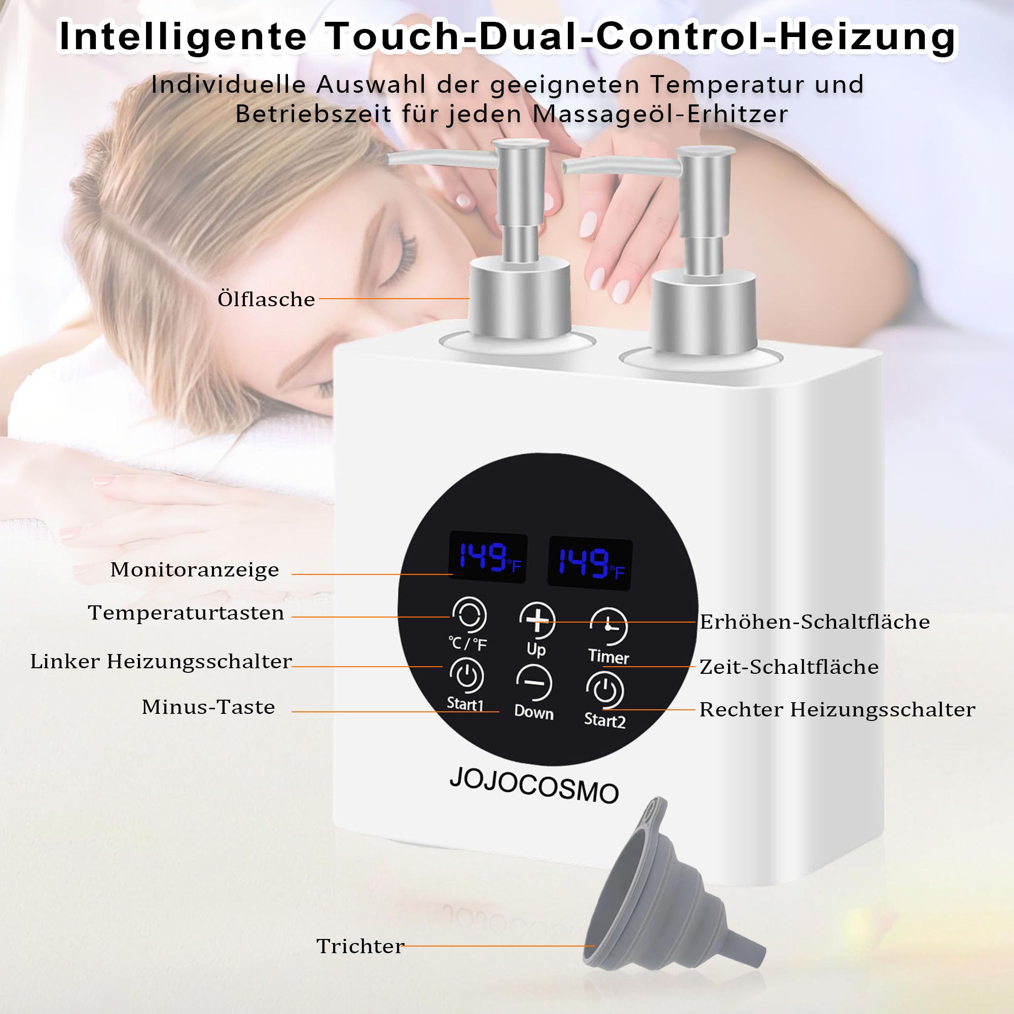 Doppelt beheizter Massageöl-Wärmer mit vier Ölflaschen-Spendern, stufenloser Wärmer 86-149 ℉, Weiß