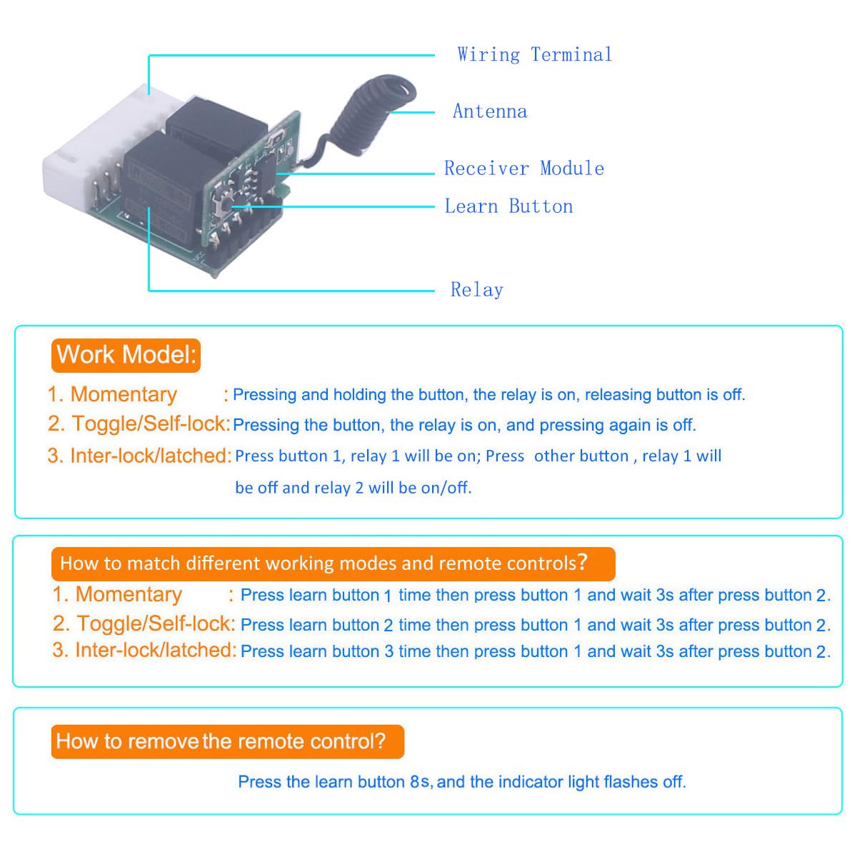 Mini 4V-12V 5V 6V 2 canaux Commutateur de relais Micro-interrupteur d’apprentissage de télécommande sans fil, 433Mhz Contrôle ÉmetteurRécepteur 2CH 4V à 12V Relais ON OFF Circuit (2* Contrôleur)