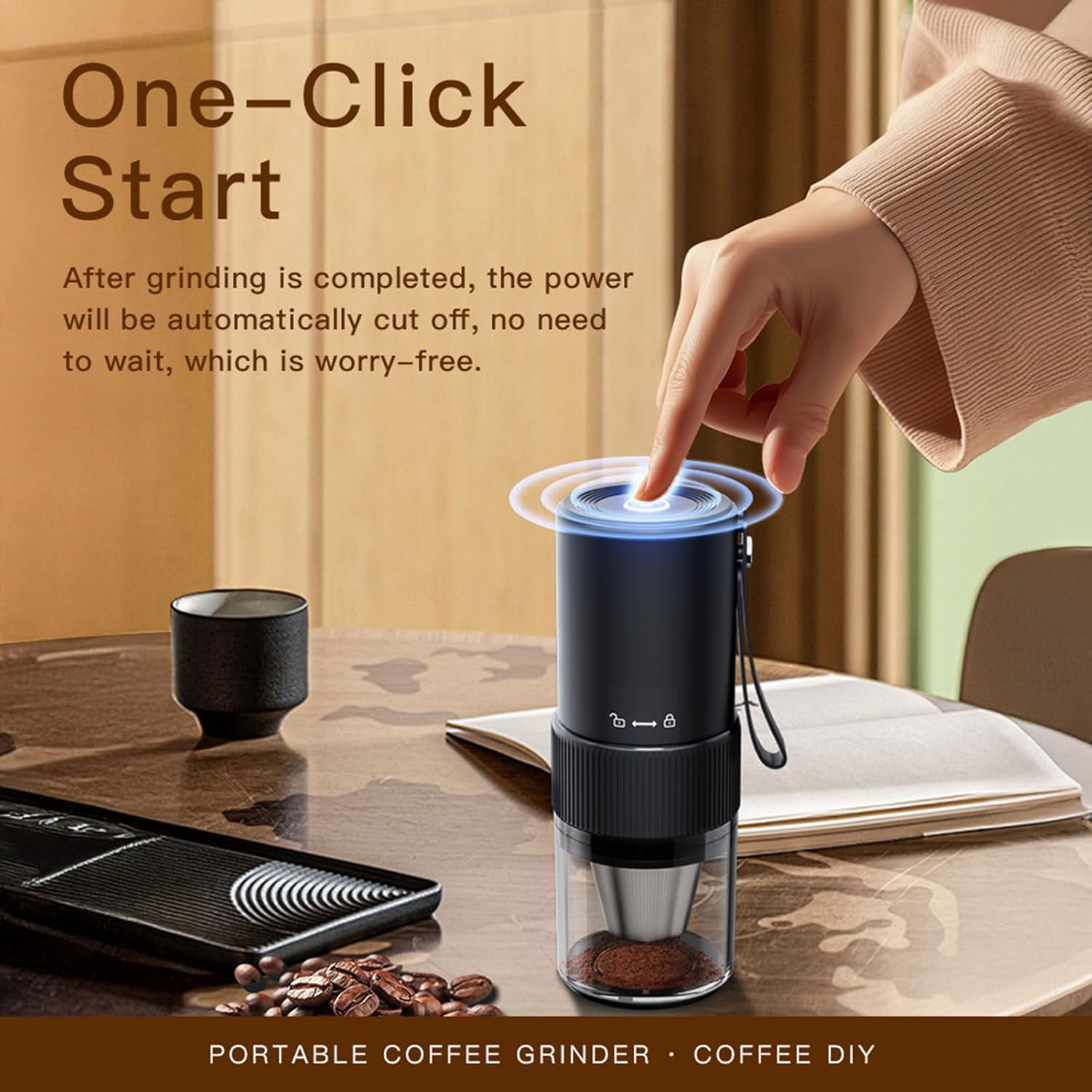 Portable Coffee Grinder Electric 2000mAh Rechargeable Ceramic Burr 20W Cordless USB C with Auto Stop Adjustable Grind Size for Travel Camping Home Office