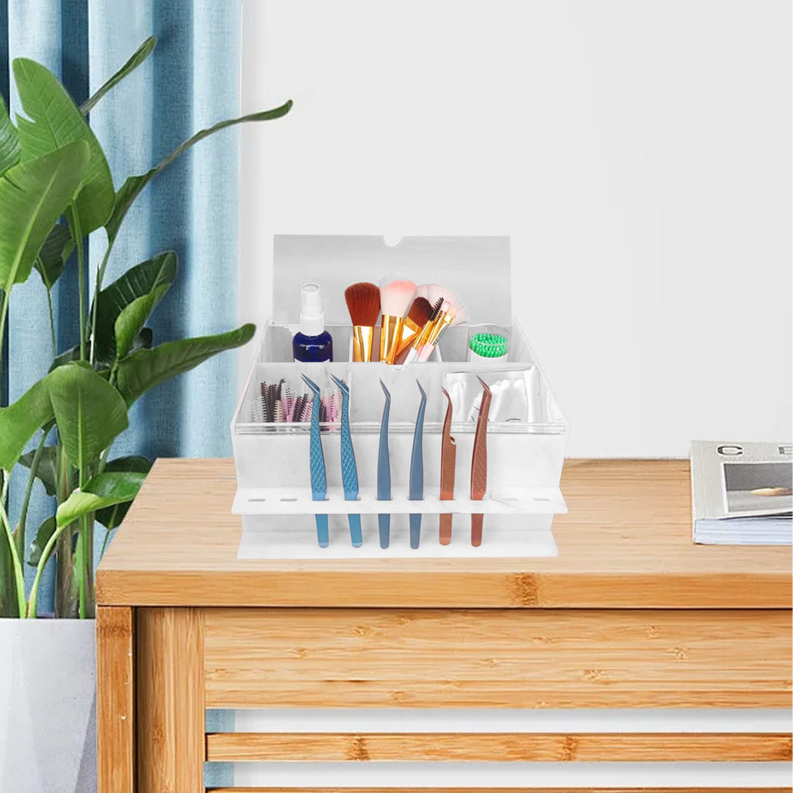 Tissting Boîte de Rangement de Maquillage en Acrylique, 10 Trous, étui D'accessoires de Greffe de Cils, Organisateur de Cosmétiques, Vitrine Cosmétique Anti-poussière pour Magasin à Domicile(Blanc)
