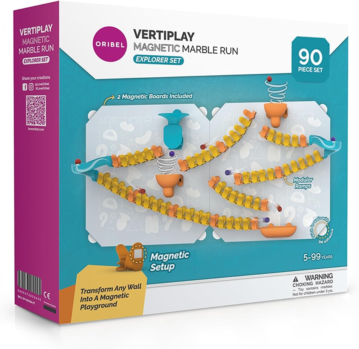 Oribel VertiPlay Magnetic Marble Run | Explorer Set STEM Toy | Creative Free Play Construction Kit for Kids | Works on Fridges; Lockers & Metal Surfaces (90 Pcs)