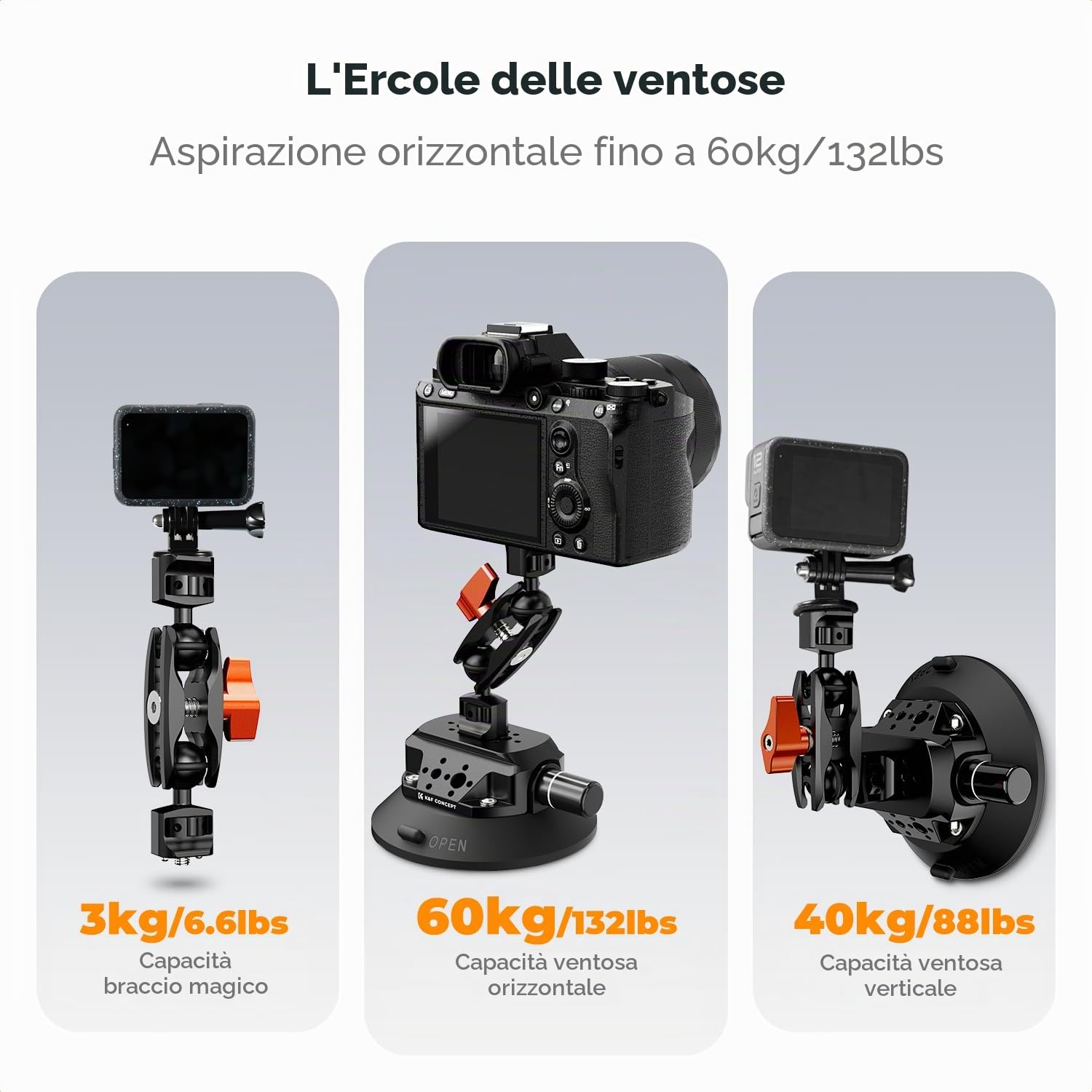 K&F CONCEPT Ventosa 4,5" con Braccio Magico Doppia Sfera - MS45 | Supporto fotocamera auto con supporto telefono e adattatore GoPro, attacchi 1/4" e 3/8" per parabrezza e superfici lisce