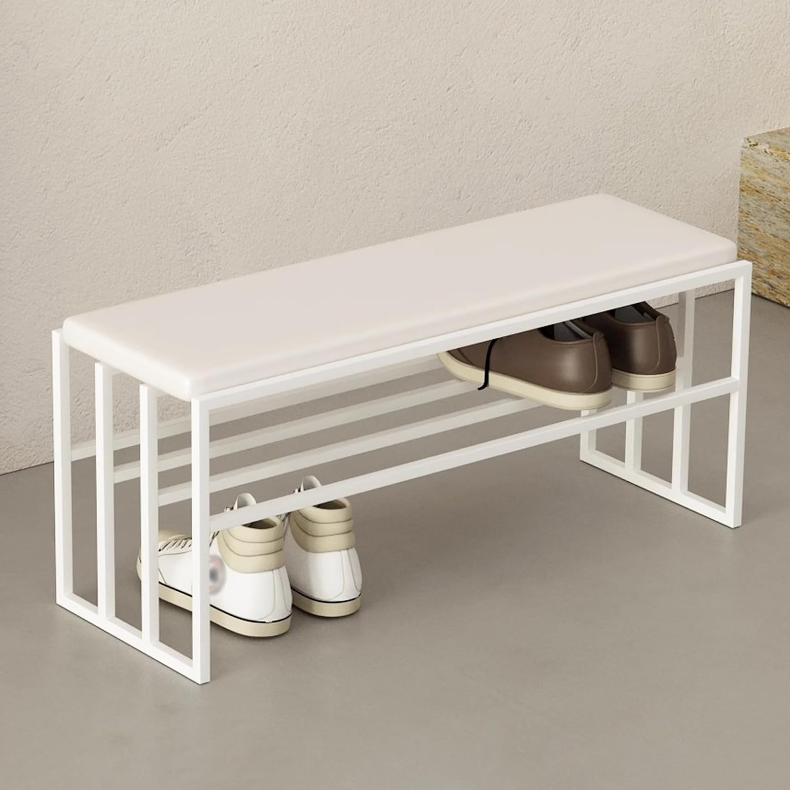 Banc à chaussures d'entrée rembourré en cuir PU et métal