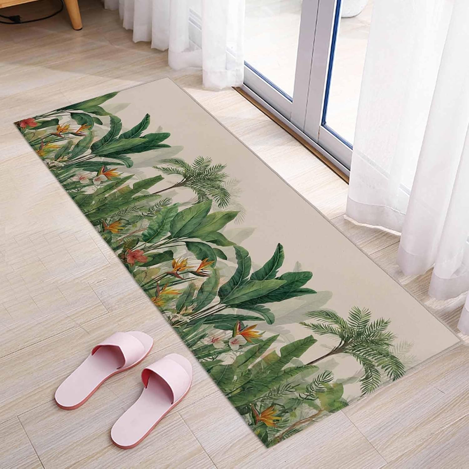 Teamery Kitchen Mats for Floor Summer Tropical Garden Washable Non Slip Kitchen Rugs 1PCS, Green Plants on Retro Linen Absorbent Standing Mats for Sink Bathroom Office Living Room 23.6x70.9in