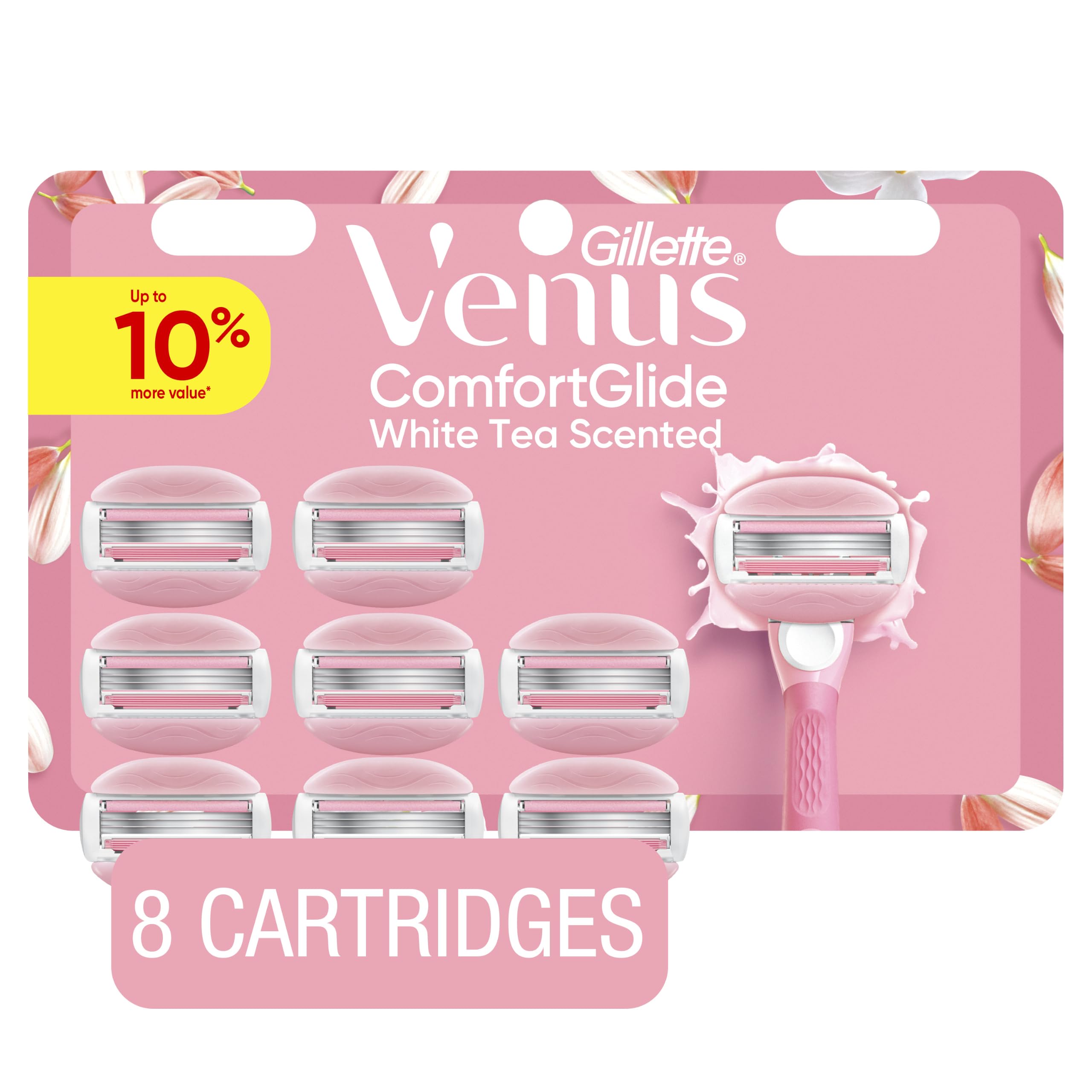 Venus ComfortGlide White Tea Women's Razor Blades, with Built-in Shave Gel Bars, 8 Razor Blade Refills