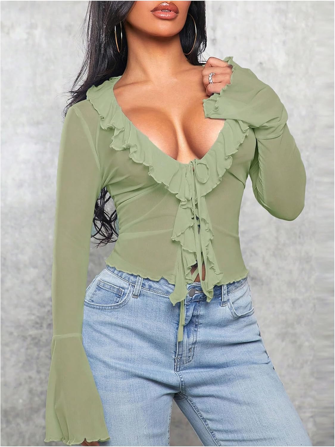 Milumia Women's Long Bell Sleeve Tie Front Top Ruffle Trim See Through Mesh Crop Tops - Image 4