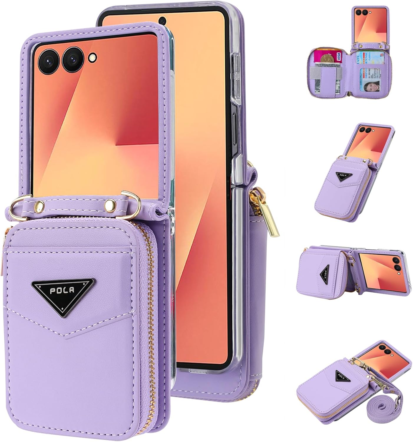 Crossbody Case for Samsung Galaxy Z Flip 7, Wallet Phone Case with Card Slot Holder Kickstand Adjustable Lanyard for Women Girls, PU Leather Zipper Purse Cover Purple