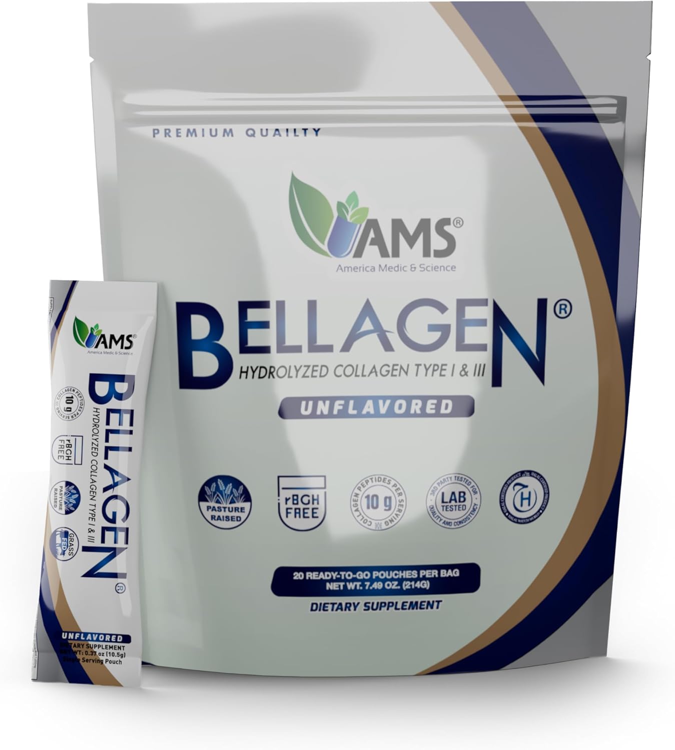 America Medic & Science Bellagen Collagen Peptides – 20 Single Serving Sticks for Skin, Hair, Nail & Joint Support – Hydrolyzed, Grass-Fed, Gluten-Free, Non-GMO