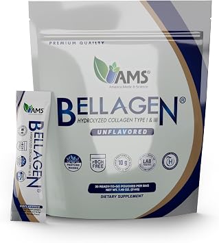 America Medic & Science Bellagen Collagen Peptides 20 Single Serving Sticks for Skin, Hair, Nail & Joint Support Hydrolyzed, Grass-Fed, Gluten-Free, Non-GMO