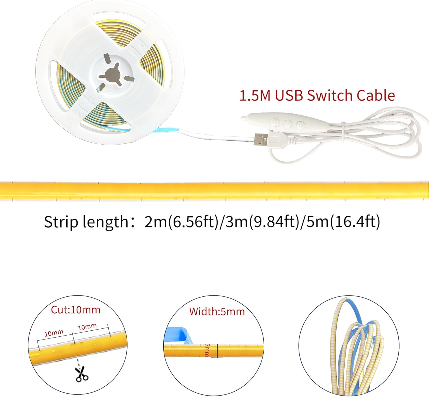 5V 5mm Width USB COB LED Strip Lights with Dimmable Switch,6.56FT/2M,Natural White 4000K,400LEDs/M,8W/M,CRI90,1600lm,Electroplated Double-Sided Panel Light Strip,IP20,for Indoor Decoration