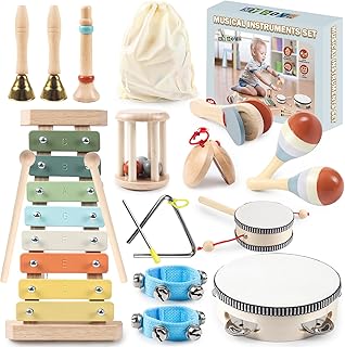 11-in-1 Toddler Musical Instruments Set, Neutral Colours Montessori Wooden Musical Instruments for Toddlers, Percussion Instruments for 1-3 Year-Olds Children, Children's Toy Gifts for Toddlers