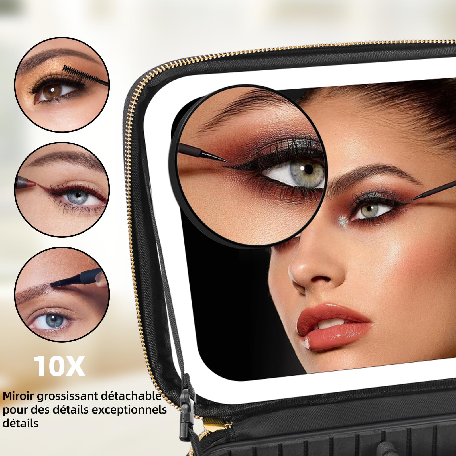 Sac de Maquillage de Voyage Sac cosmétique Sac Organisateur de Maquillage avec Grand Miroir éclairé 3 Modes de Couleur luminosité réglable, étanche en Cuir PU Makeup Travel Train Case