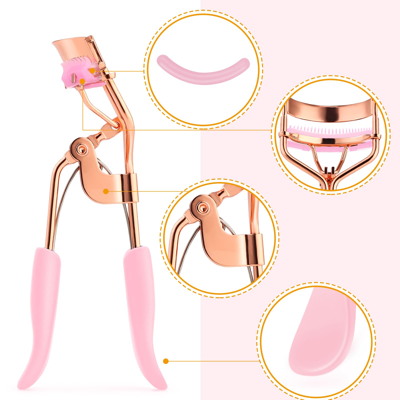 Rizador de pestañas de acero inoxidable con 10 almohadillas de repuesto de silicona, herramienta de maquillaje profesional con peine integrado para mujeres y niñas de todas las formas de ojos