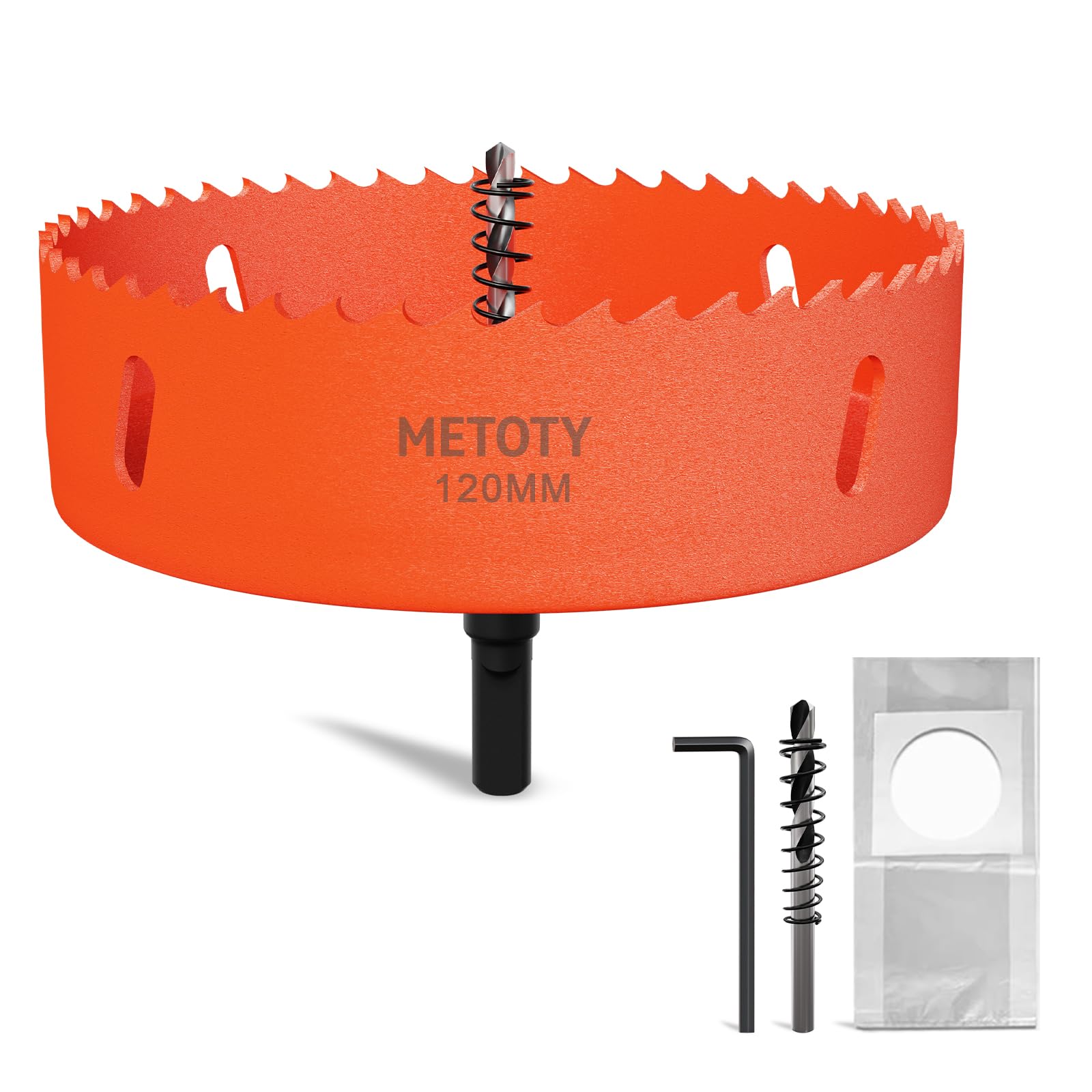 METOTY 120mm Bi-Metal Hole Saw,Universal HSS M42 Hole Saws,with Triangular Shaft Adapter and Centring Drill, One Free Dust Bag for Aluminum, Metals, Plastics, Acrylic Glass, Wood, Gypsum board — image 1