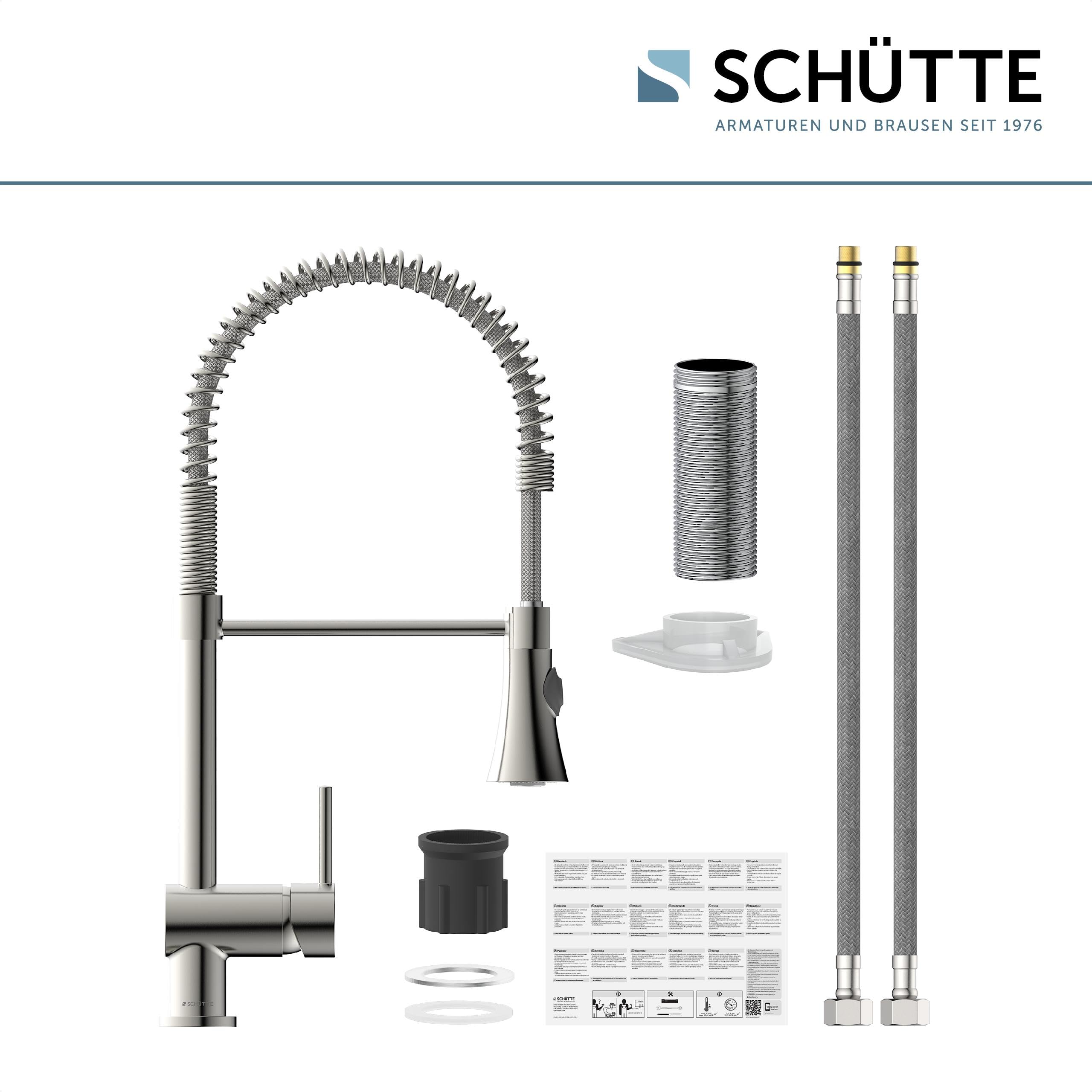 SCHÜTTE 79155 CORNWALL Küchenarmatur, Einhebelmischer mit ausziehbarer Geschirrbrause, 360 Grad schwenkbare Spültischarmatur, Spiralfeder Mischbatterie für die Spüle, Wasserhahn Küche, Edelstahloptik