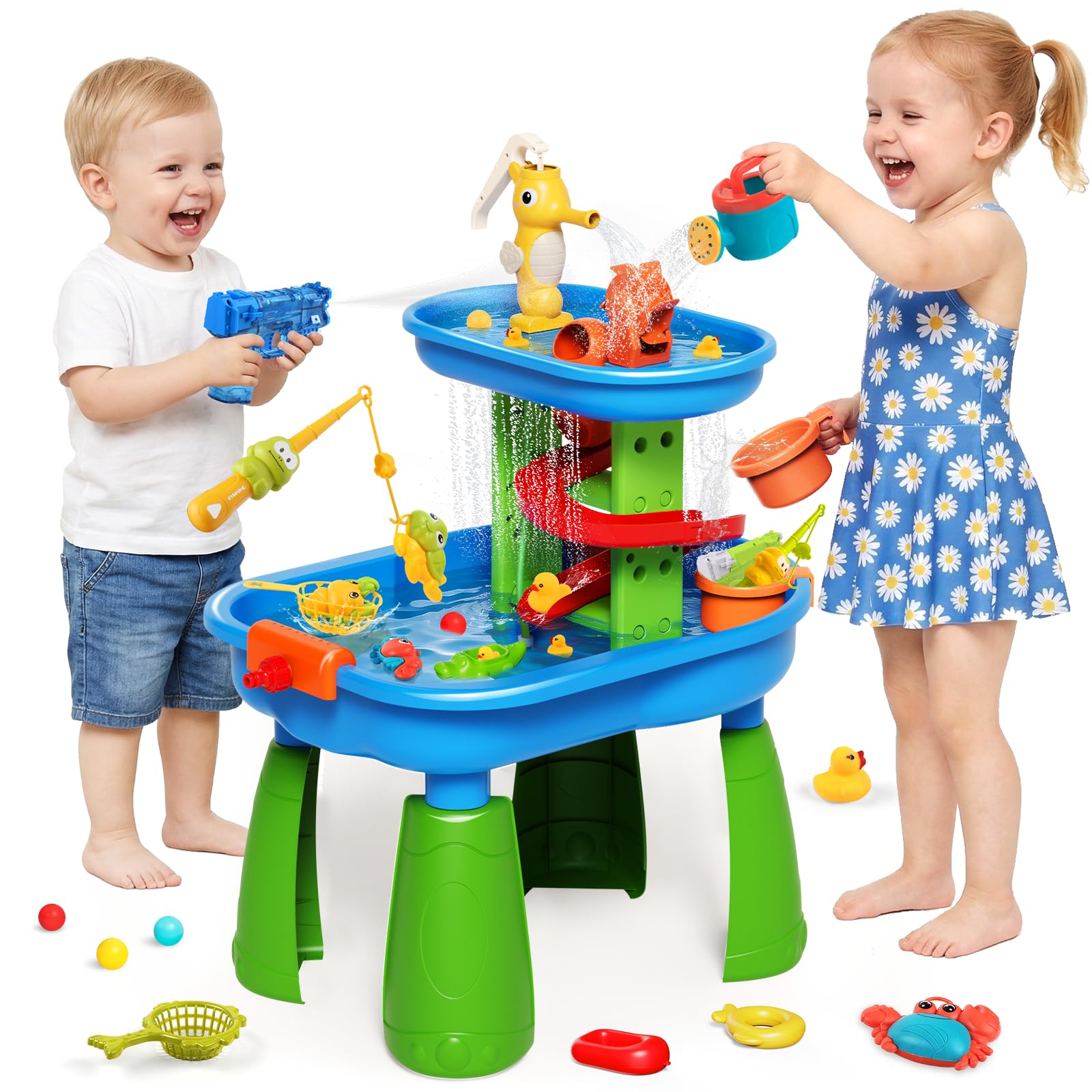 Table à Eau pour Enfants - Table Sensorielle avec 28 Accessoires de Jeu, Table de Jeu d'Extérieur avec Jet d'Eau Effet Pluie, Jouet Éducatif STEM pour Garçons et Filles de 3 à 8 Ans