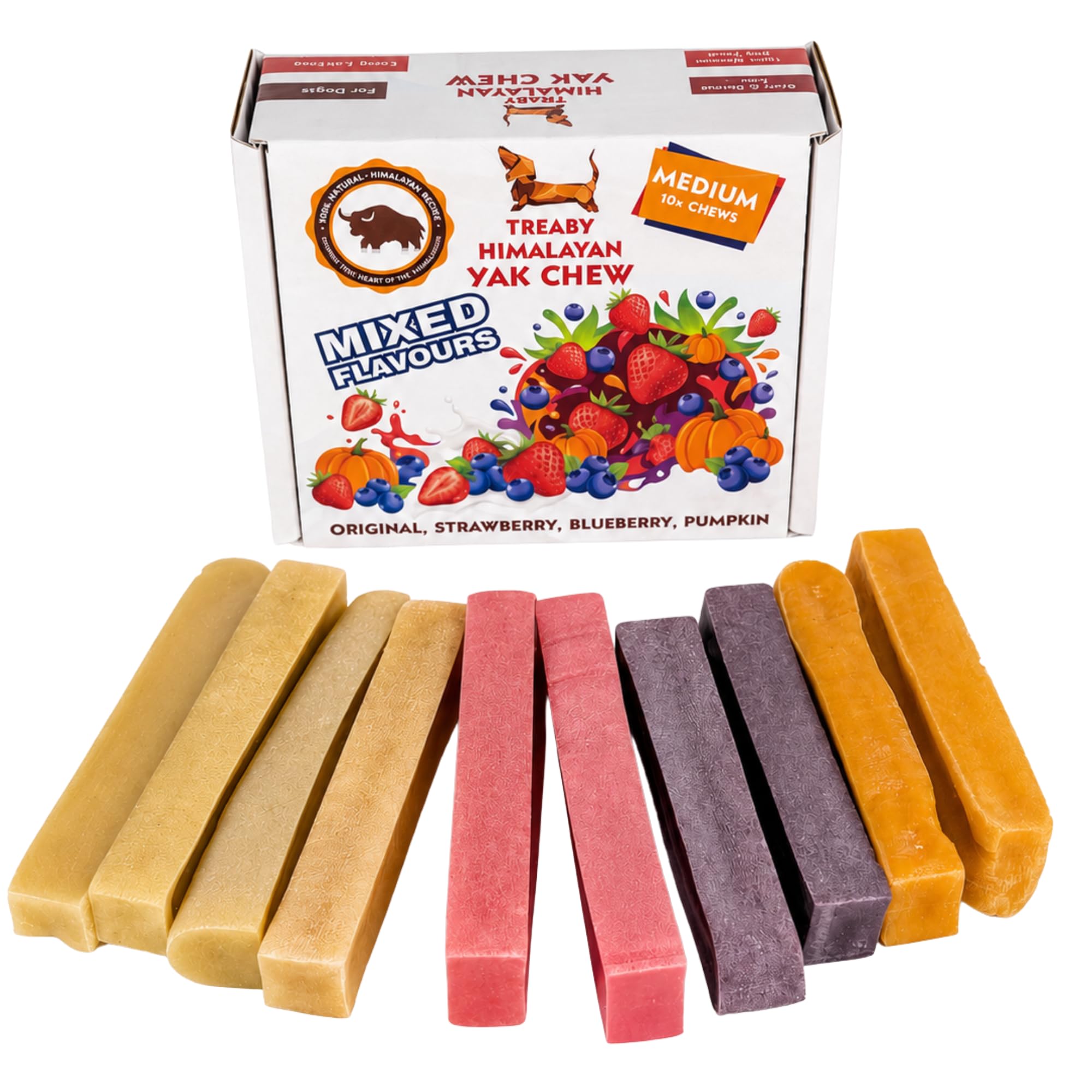 Treaby Premium Himalayan Yak Chews for Dogs – Mixed Flavour Variety Box (10 Medium Chews) | Natural Yak Milk Dog Treats | Long Lasting Dental Chews | Original, Strawberry, Blueberry & Pumpkin