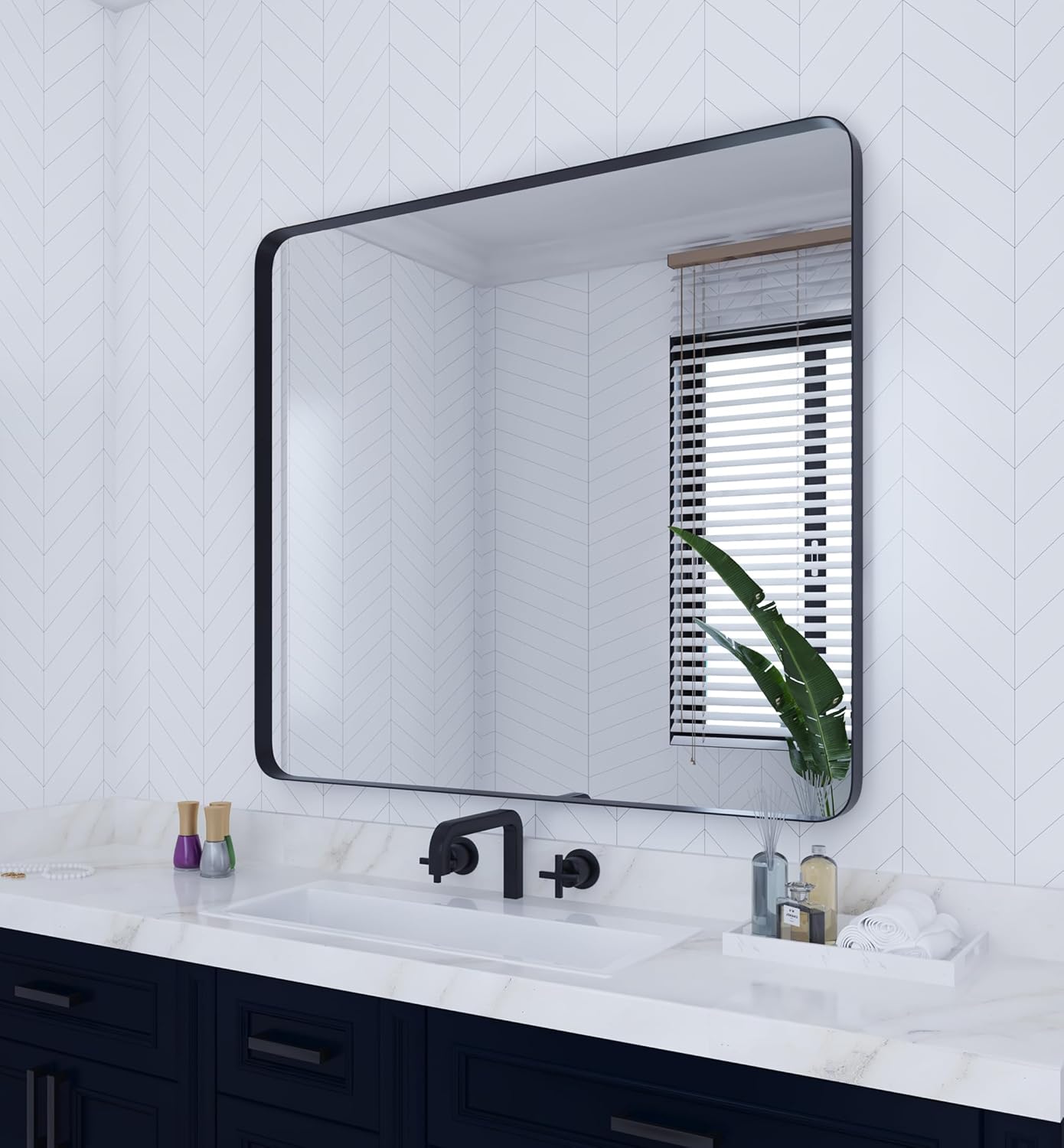 VocalStar Black Metal Framed Bathroom Mirror for Wall, 36 x 40 Inch Large Rounded Rectangle Matte Black Bathroom Vanity Mirror Farmhouse, 1/4-inch Shatterproof Glass | Ultra-Flush Hanging Black 40"L x 36"W