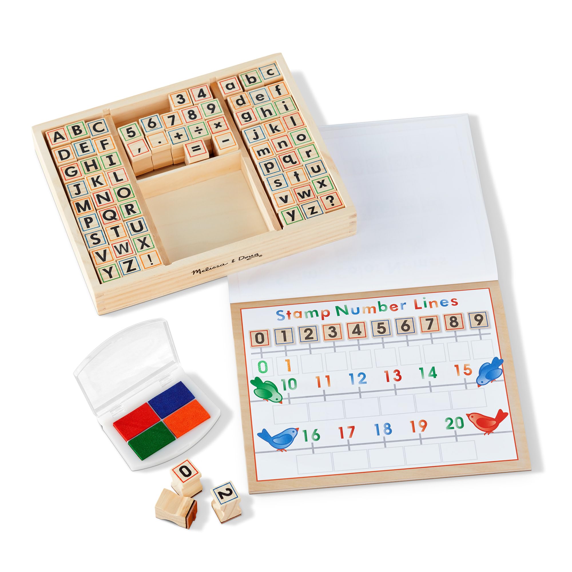 Melissa & Doug - Zahlen und Buchstaben Stempelset mit 71 Holzstempeln, Stempelkissen und Übungsblock, Für Kinder ab 4 Jahren