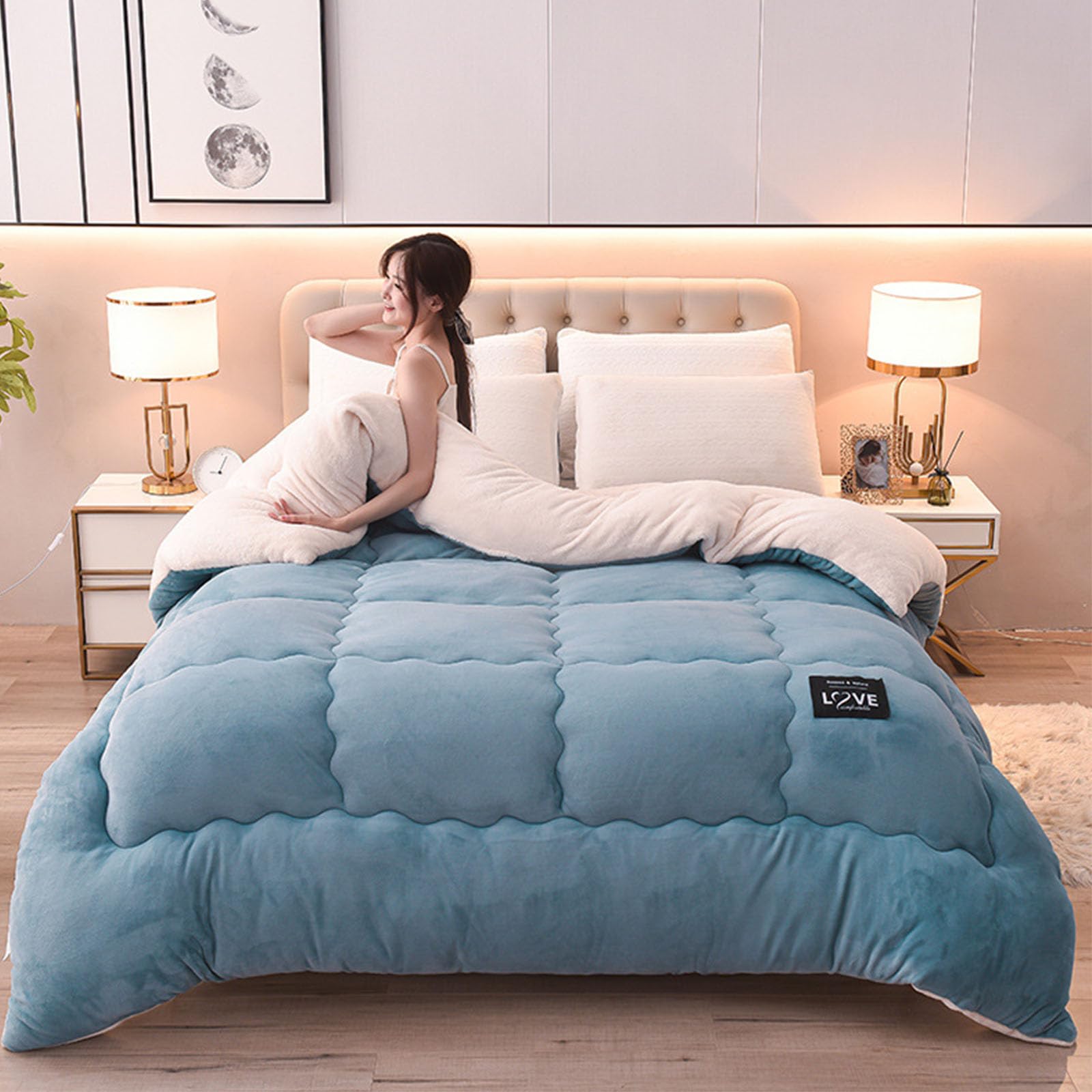 Edredón de invierno para noches frías de hogar con suavidad de cordero y terciopelo azul