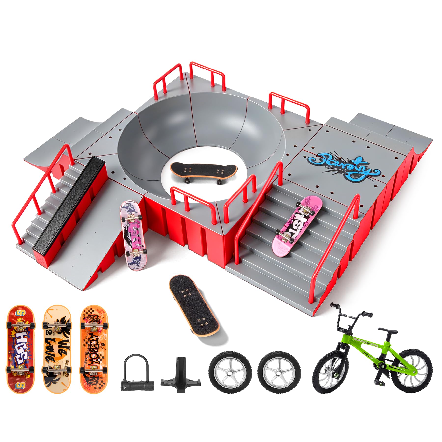 CS COSDDI Fingerboard Park Bowl Set with 3 Skateboards &amp; 1 Finger Bike