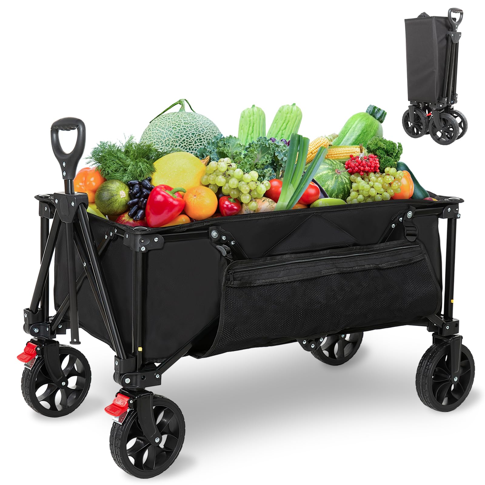 Collapsible Folding Wagon Cart, Heavy Duty Grocery Cart with Wheels and Side Pocket, Garden Utility Cart Wheelbarrows for Beach Camping Shopping,220lbs Weight Capacity