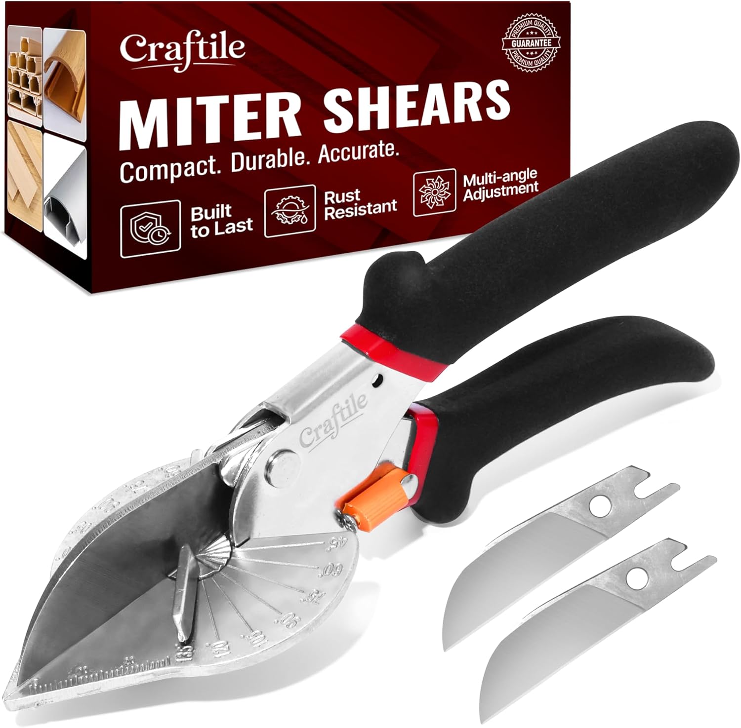 Multifunctional Miter Shears with 2 Stainless Steel Replacement Blades – Adjustable 45°–135° Angle Cutter, Quarter Round Cutting Tool with Ergonomic Anti-Slip Handle for PVC, Trim, Molding, Soft Wood
