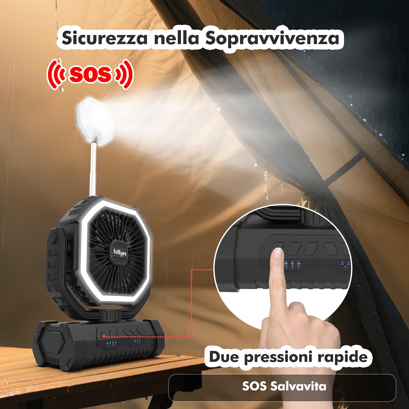 Ventilatore da Campeggio con Luce, Alimentazione a Batteria 20000mAh, Ventilatore Portatile Ricaricabile con Telecomando e Gancio Rotante a 360°, 4 Velocità per Interni, Viaggi, Camper (Nero)