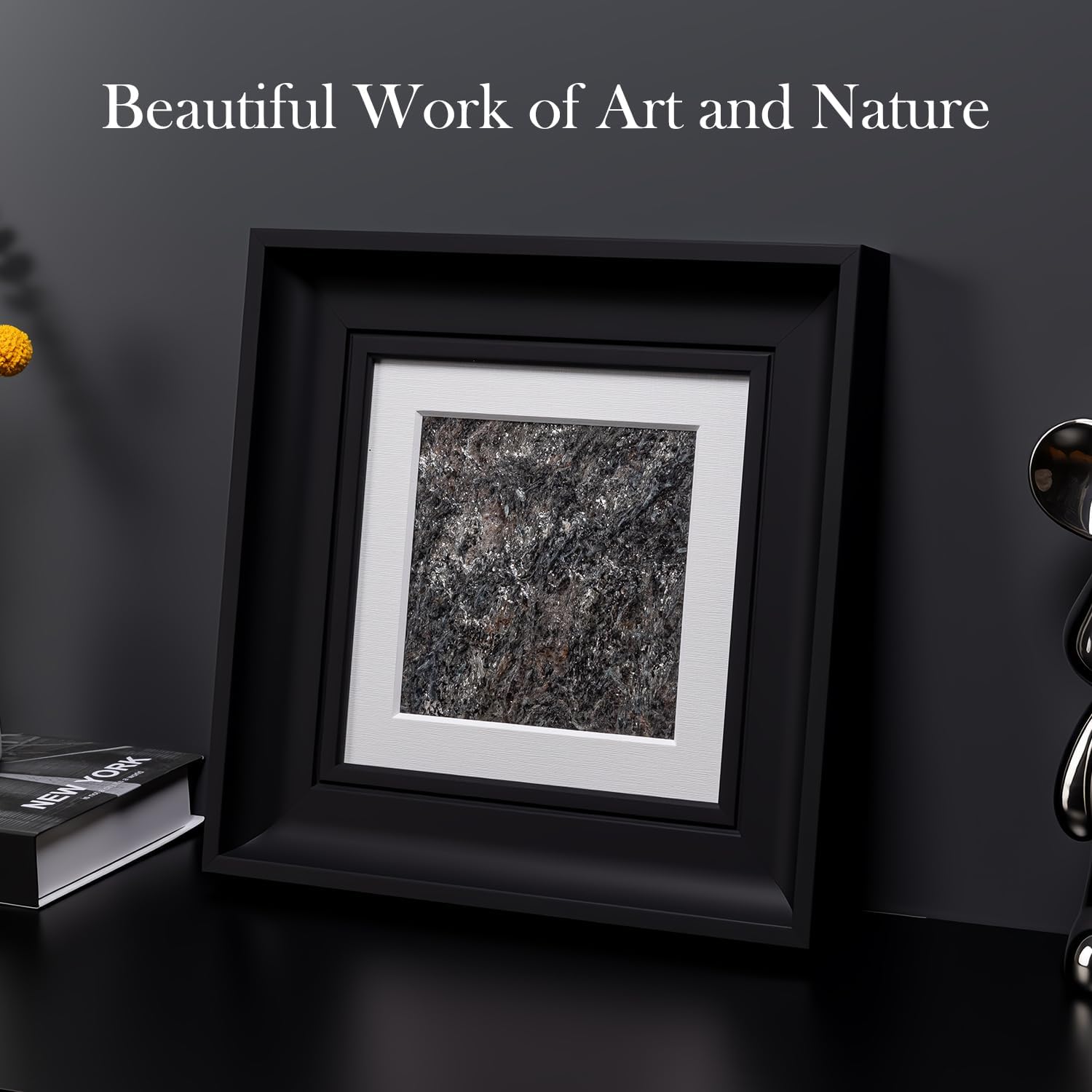 Natural Marble Decorative Wall Art Home Decor for Living Room Abstract Stone Painting Bedroom Aesthetic Office Farmhouse Fall Heavy Texture Picture Framed 14x14 inch Platinum Diamond