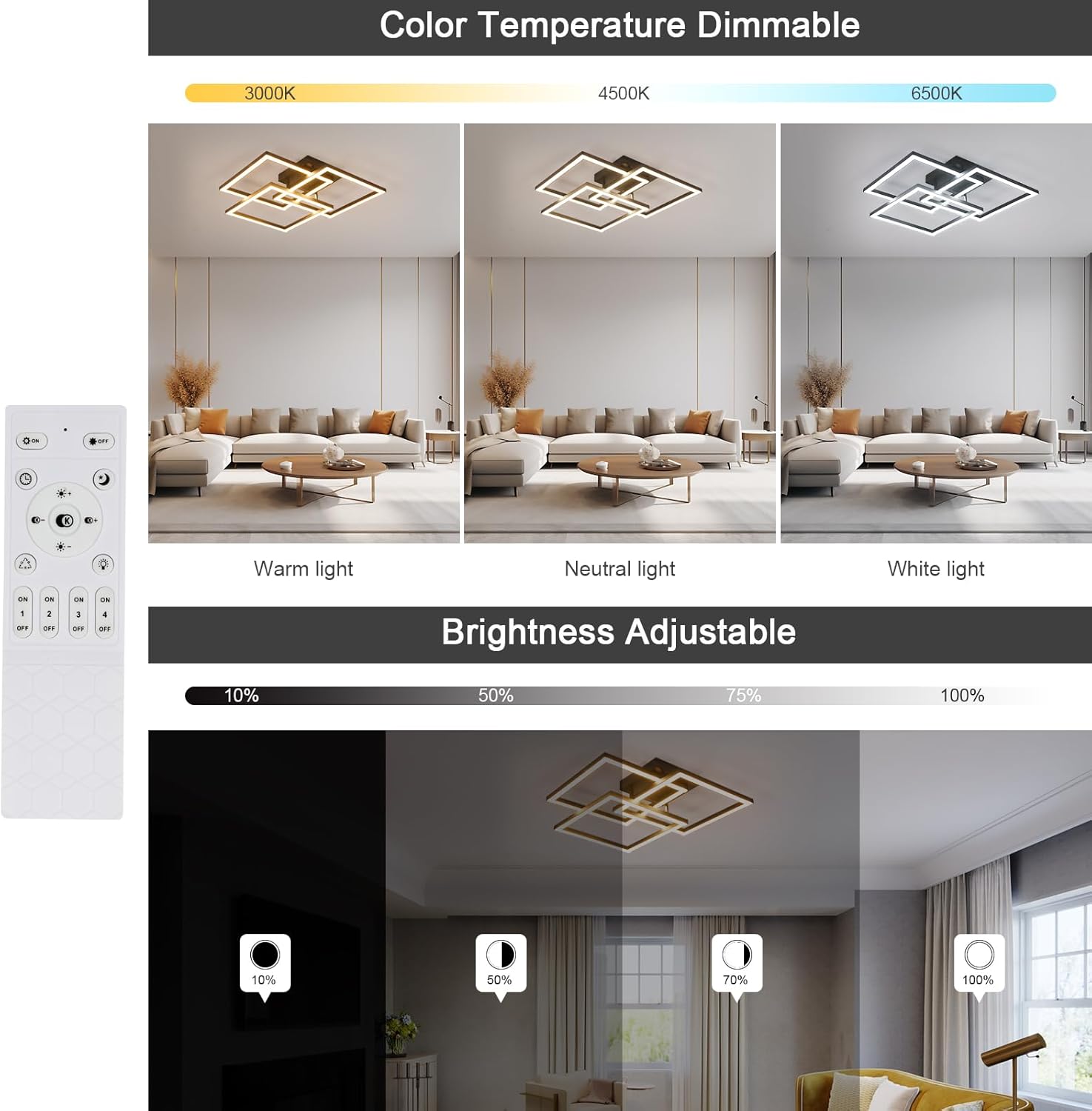 Visual demonstration of the DELIPOP LED Ceiling Light's color temperature dimmable feature (3000K warm, 4500K neutral, 6500K white) and brightness adjustable feature (10% to 100%).