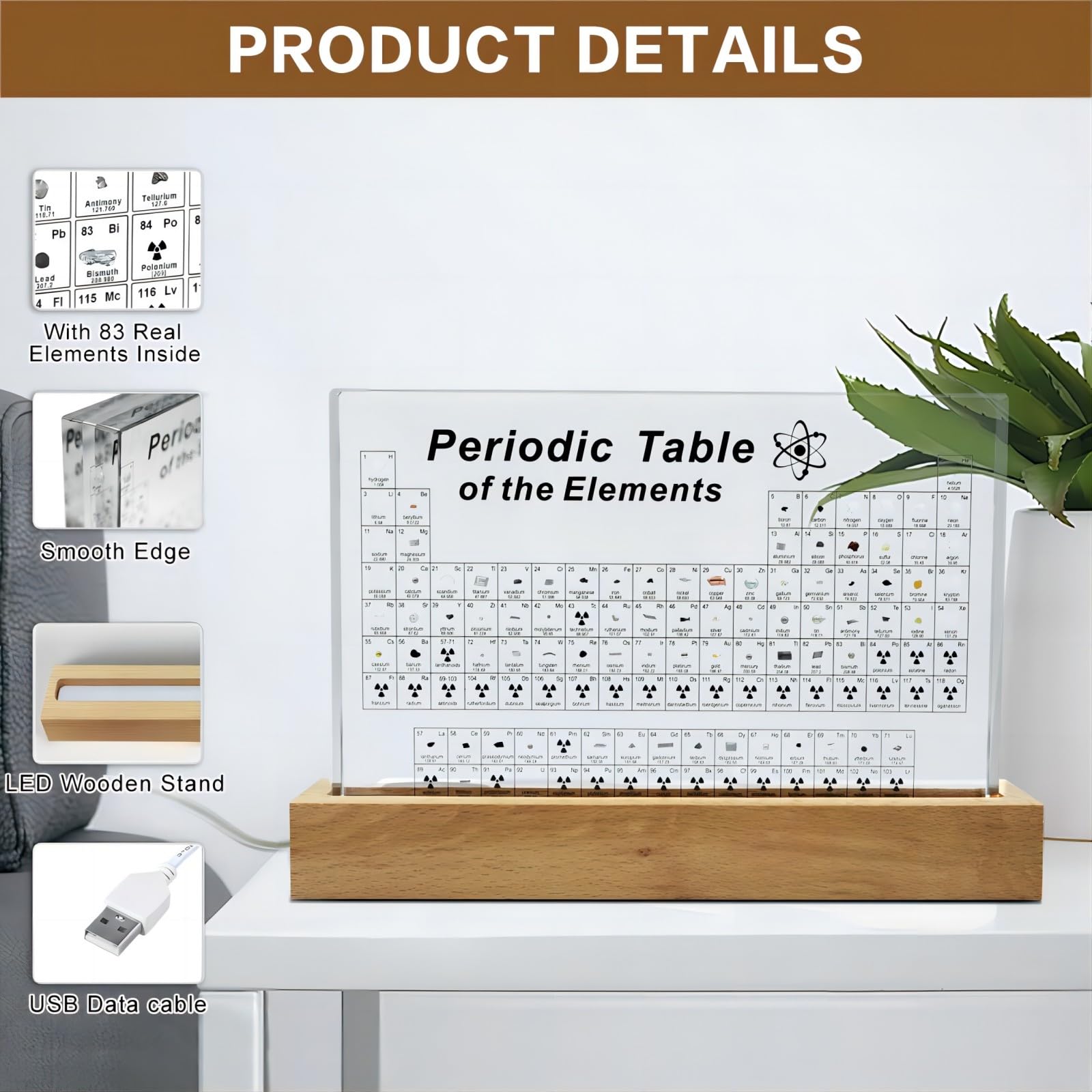 Zythtic Tavola periodica con elementi reali all'interno, tavola periodica in acrilico con 83 elementi reali, luce LED calda, supporto in legno, lente d'ingrandimento e poster da tavola periodica per