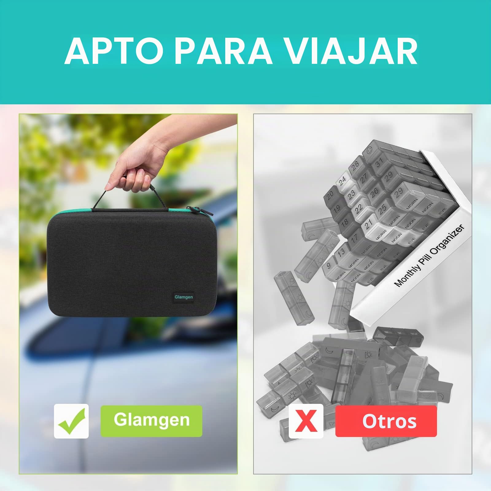 Pastillero mensual 3 veces al día, estuche duro extra grande de viaje, organizador diario de 30 días con 32 compartimentos, caja de almacenamiento de medicamentos