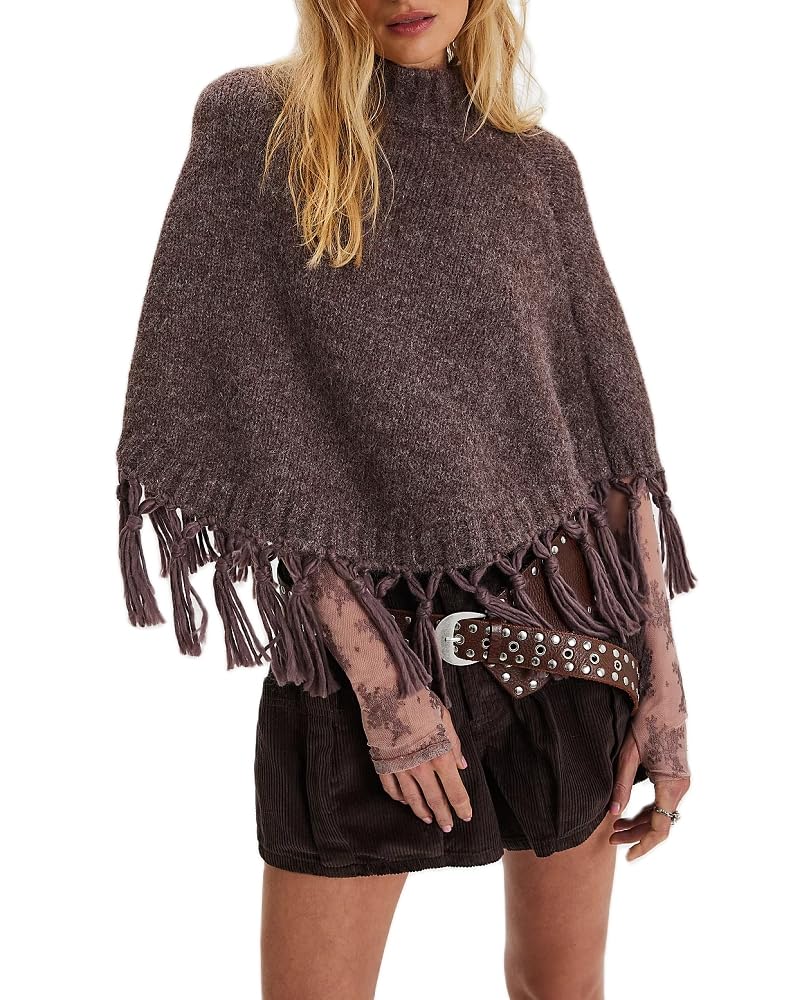 Adoeren Women Tassel Poncho Sweater Mock Neck Y2k Fringe Shawl Wrap Knit Cape Fall Pullover Cropped Shrug Knitwear
