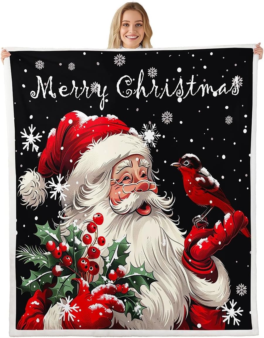 Santa Claus Printed Bed Blanket Kids Girls Beautiful Snowflakes Sherpa Blanket Soft Lightweight Happy New Year Plush Fleece Blanket Gifts for Couch Bed Chair Office Sofa(Throw 50"x60")