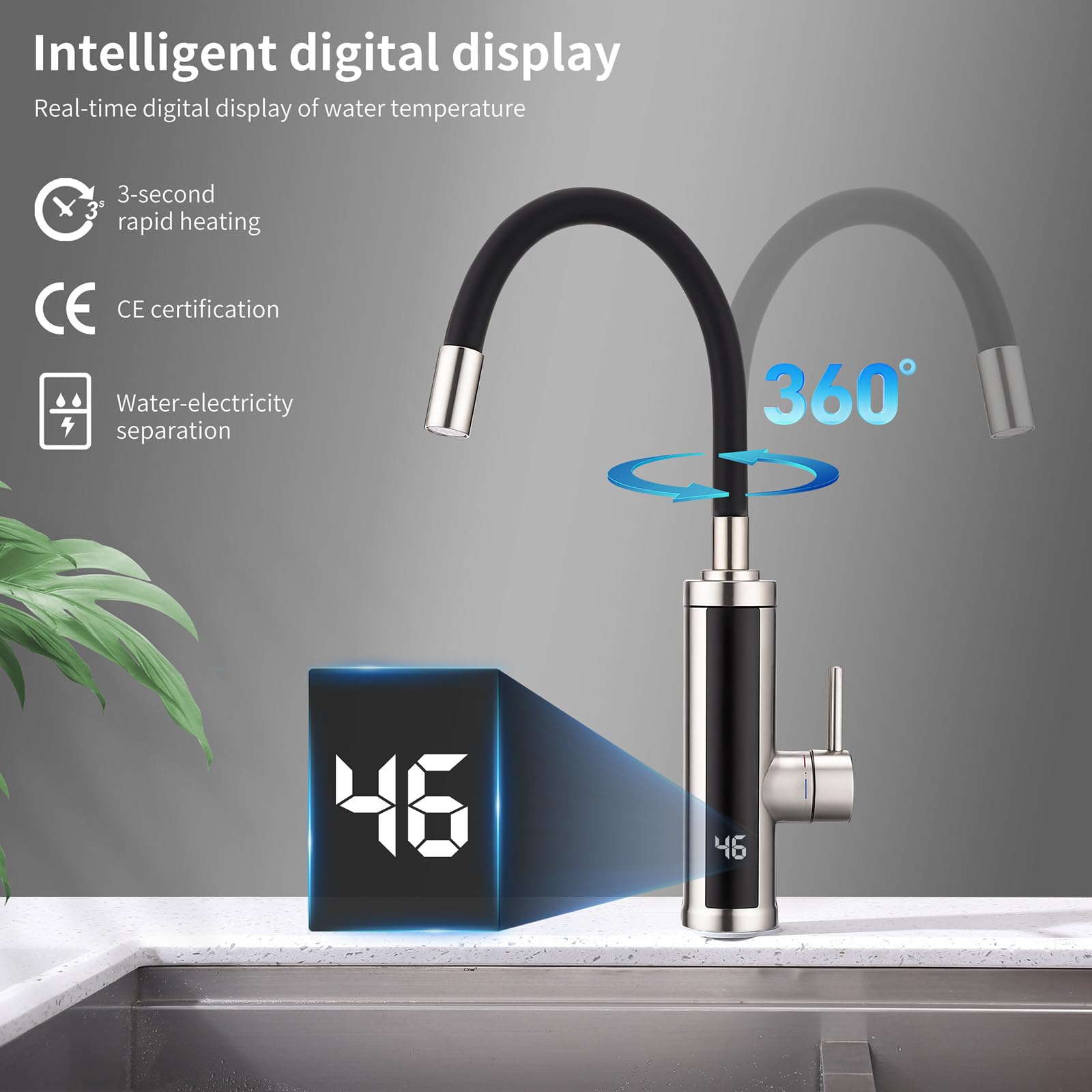 HOMELODY Wasserhahn mit Durchlauferhitzer 230V, 3300W Elektrischer Wasserhahn Sofort Heißes Küchenarmatur mit Flexibler Auslauf & LED-Display, Anti-Spritz Edelstahl Küchenarmatur, 360º Schwenkauslauf