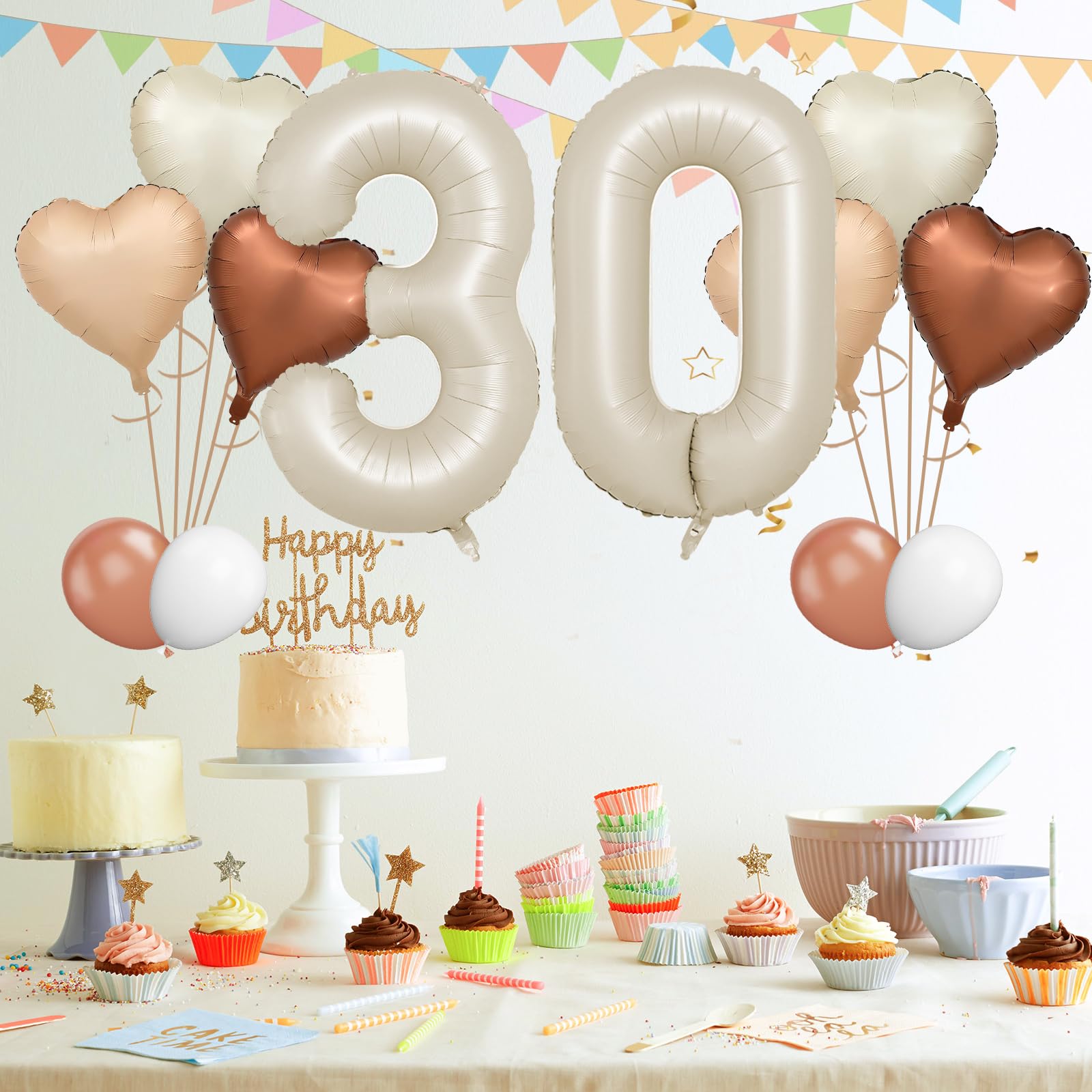 Luftballon 30. Geburtstag, 40 Zoll Beige Zahl 30 Luftballon, XXL Cremefarbene Nummer 30 Folienballon Braune Aprikosen Herzluftballons Neutraler Helium für Männer Frauen 30. Geburtstag Party Deko
