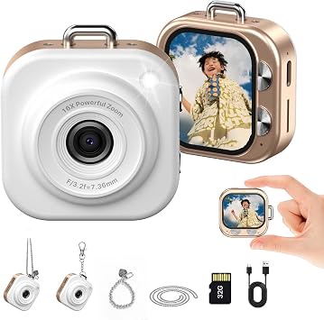 W & O Mini Keychain Digital Camera,1080p Mini Camera Keychain with 32GB Card,Small Cameras for Photography with 750mAh Battery,Pocket-Size Keychain Camera with Chain for Vlog, Party,Travel Gold