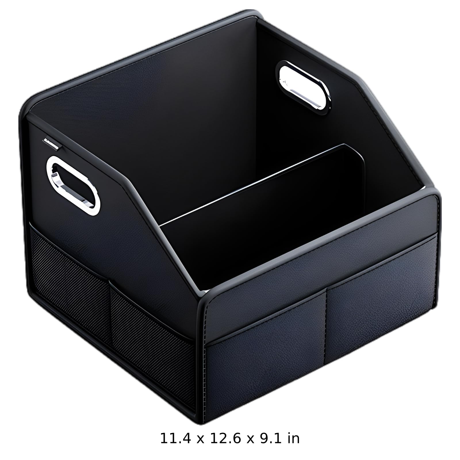 Organizer per auto, in pelle PU nera con design diviso, maniglie per il trasporto in metallo, interno 29 x 32 x 23,1 cm, facile da pulire, organizer per sedile passeggero, bagagliaio, cabina del