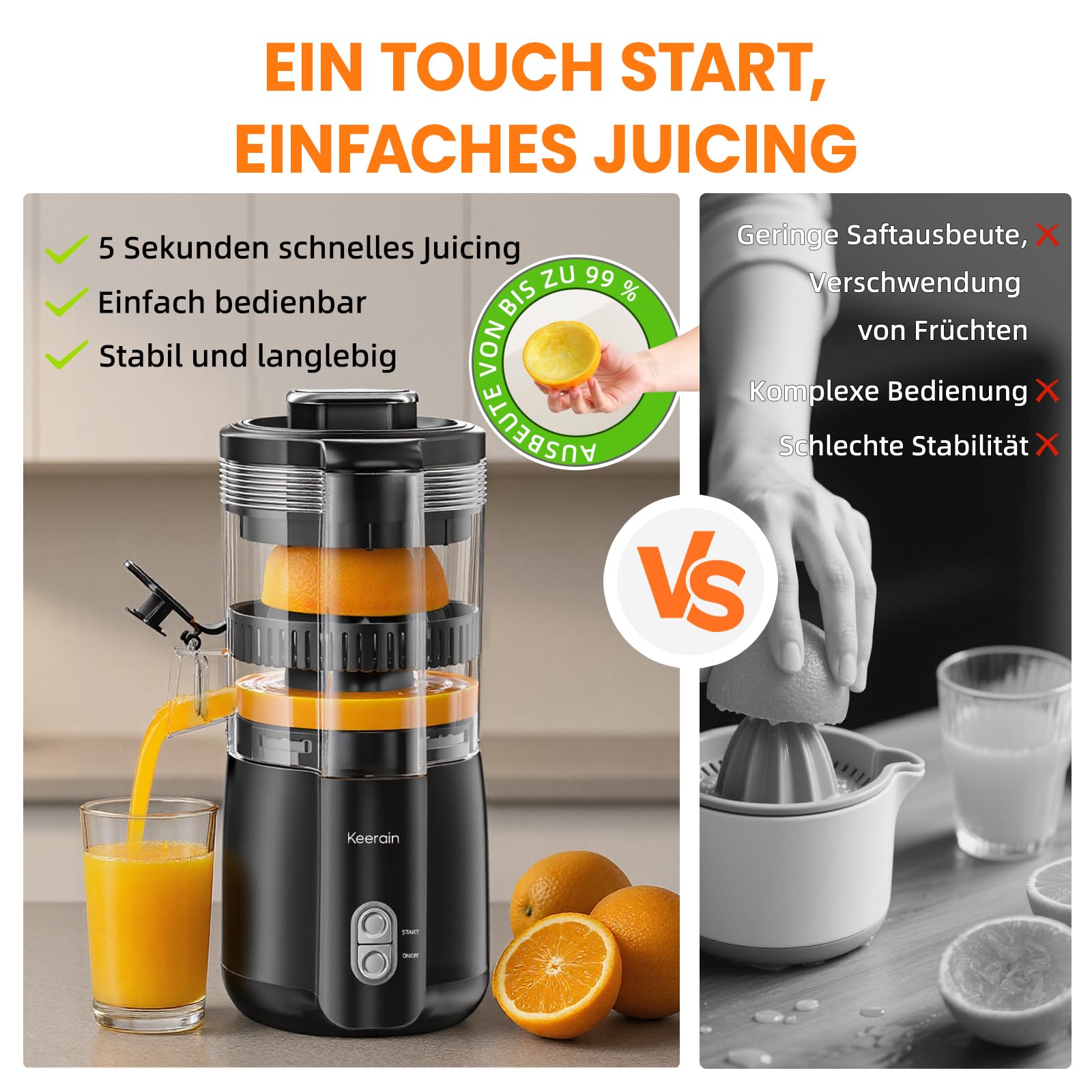 Keerain Elektrische Zitruspresse, Automatische Orangenpresse Mit Reinigungsbürste, Kompakte Zitronenpresse Für Lemon & Lime